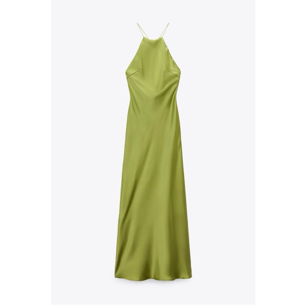 Green Halter Satin Dress w/ Spaghetti Straps